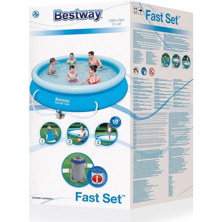 Piscina Borde Inflable - 5.377 Ltr - Ø 3,66 x H. 0,76 Mtr - Bestway - 57274 + Filtro e Inflador