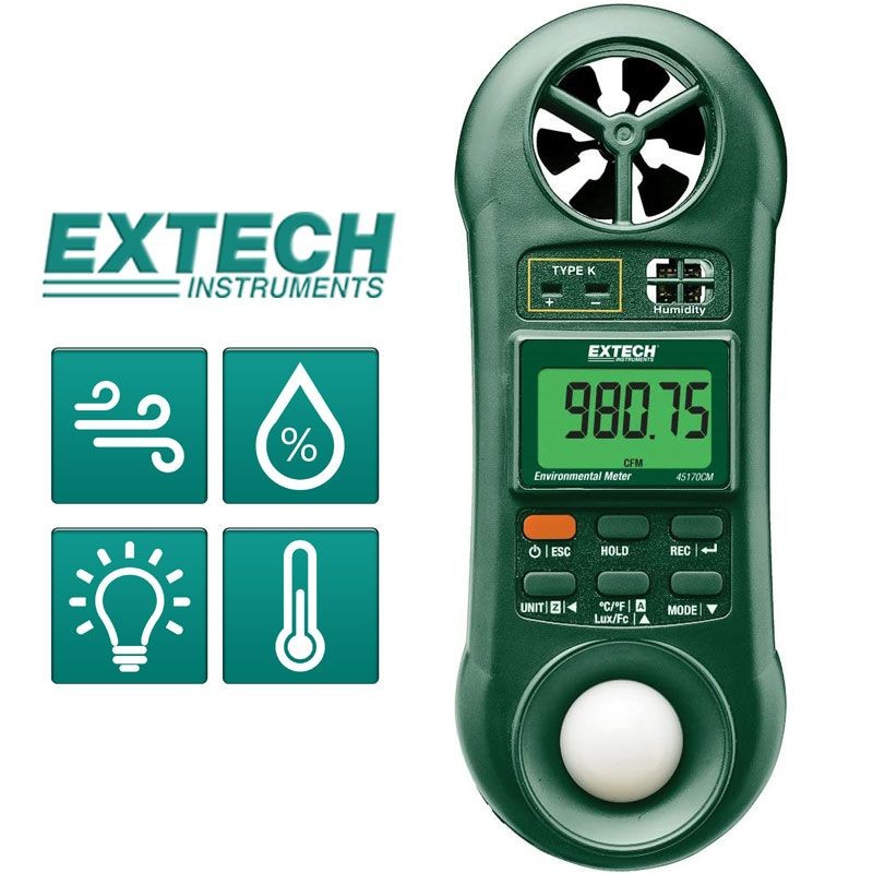 Medidor Ambiental 4 en 1 - Anemometro / Termometro / Higrometro / Luximetro / Volumen de Aire - Extech - 45170