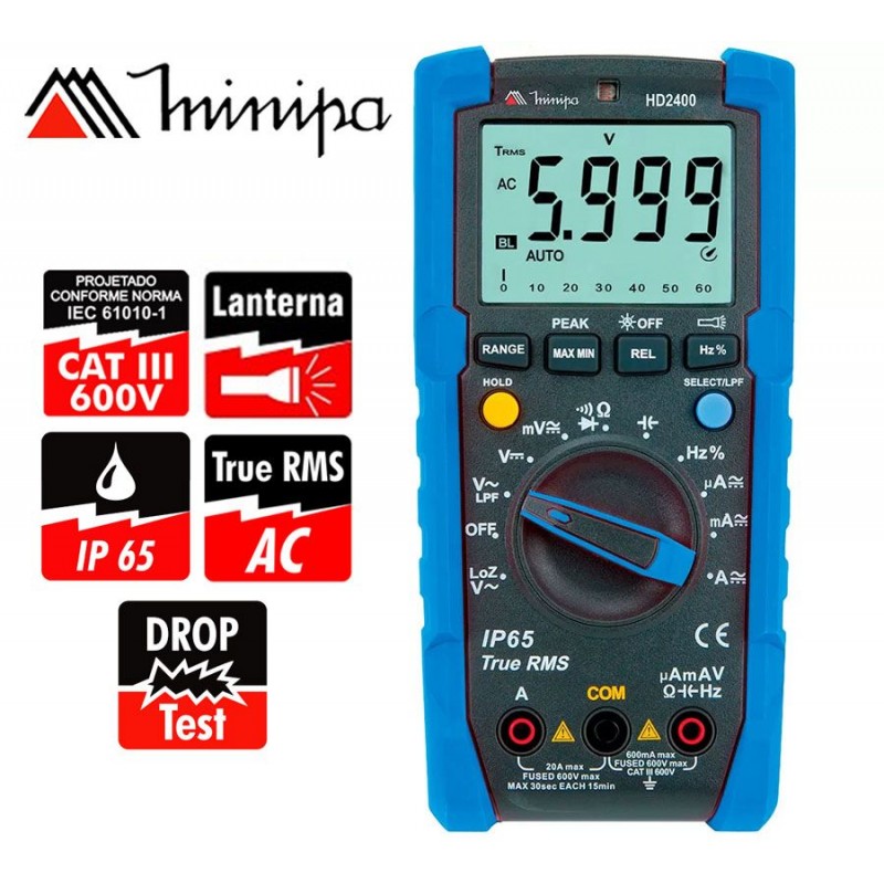 Multimetro Digital - Minipa - HD2400 - True RMS AC / VDC 600V / VAC 600V / ADC 20A / AAC 20A