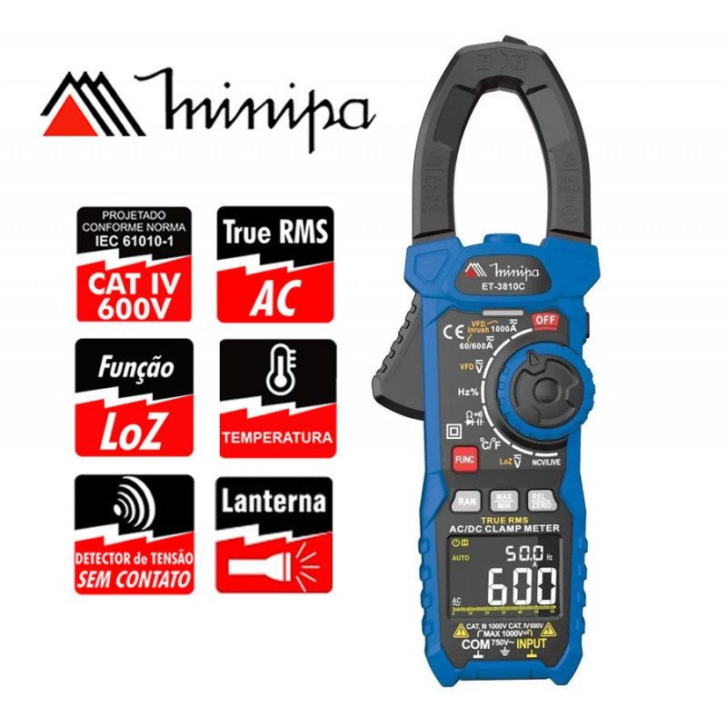 Pinza Amperimetrica - Minipa - ET-3810C - True RMS AC / VDC 1000V / VAC 750V / ADC 1000A / AAC 1000A