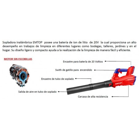 Soplador de hojas a Bateria - 20V - EMTOP - ELAB204282 - Incluye Bateria y Cargador