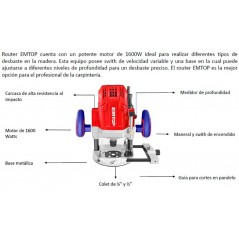 Ruteadora Fresadora Electrica - 1600W - 1/4" - 1/2" - EMTOP - EERR1601
