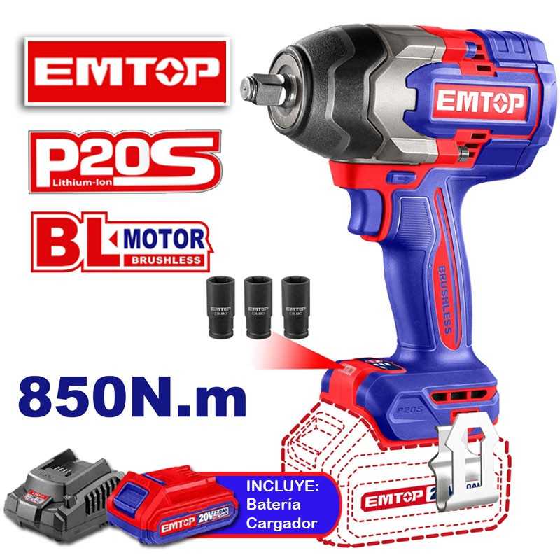 Llave de Impacto a Bateria 850 Nm - 20V - 1/2" - EMTOP - ECIWL20851 - * Incluye Bateria y Cargador