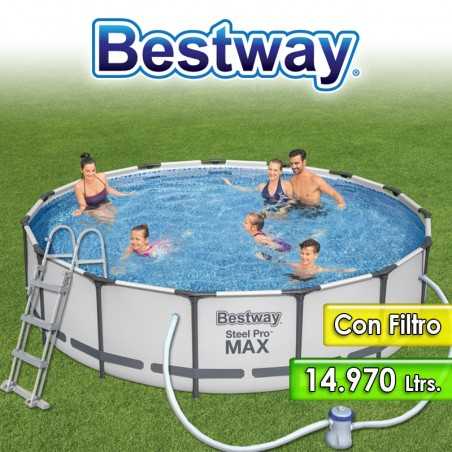 Piscina Estructura Metalica - 14.970 Lts - Ø 4,57 x H. 1,07 Mtr - Bestway - Serie Steel Pro MAX -  56488 + Filtro y Accesorios