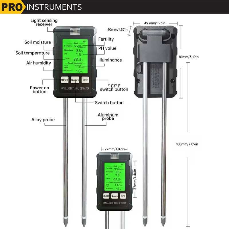 Medidor Digital de suelo 6 en 1 - Pro Instruments - Fertilidad, Humedad, pH, Temperatura, Luminosidad del suelo