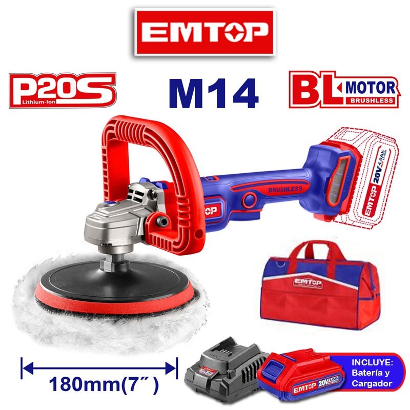 Pulidora / Lijadora 7" (180MM) a Bateria - 20V - Emtop - ELAP20181 - Incluye Bateria y Cargador