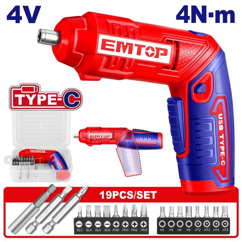Atornillador a Batería 1/4" - 4V 4Nm - Emtop - ECSR0408 - Incluye 19 accesorios