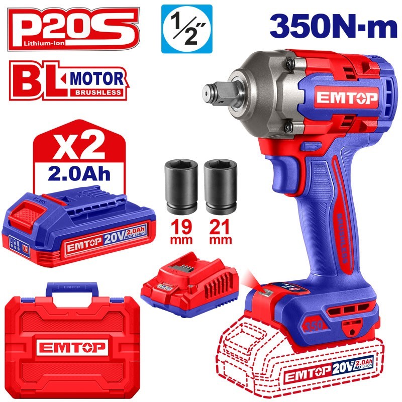 Llave de Impacto a Bateria 350 Nm - 20V - 1/2" - EMTOP - ECIWL2035 - Incluye 2 Baterias y Cargador