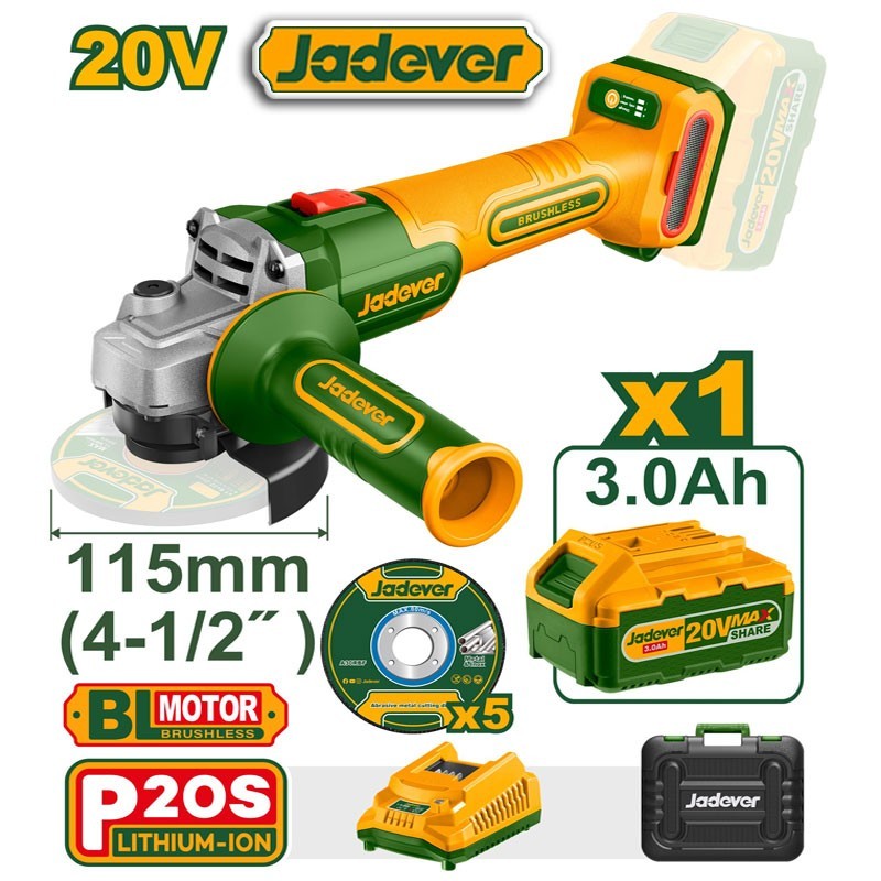 Amoladora Angular a Bateria 20V - 115mm / 4,5" - JADEVER - JDLAP522 - Incluye Bateria y Cargador