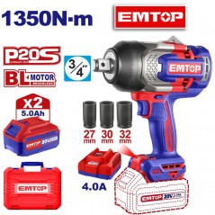 Llave de Impacto a Bateria 1350 Nm - 20V - 3/4" - EMTOP - ECIWL20135 - Incluye 2 Baterias y Cargador