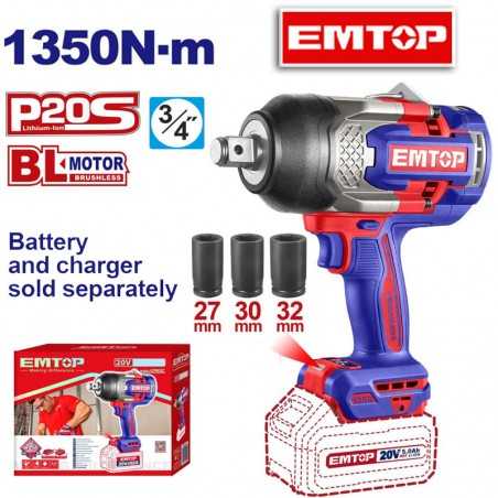 Llave de Impacto a Bateria 1350 Nm - 20V - 3/4" - EMTOP - ECIWL201351 - Sin Bateria