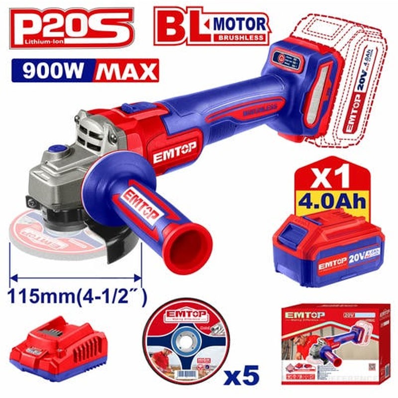 Amoladora Angular a Bateria 20V 900W - 115mm / 4,5" - EMTOP - ELAG261521 - Incluye Bateria y Cargador
