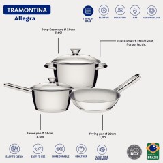 Juego de ollas de Acero Inoxidable Tapa de Vidrio - 3 piezas - Tramontina - Allegra