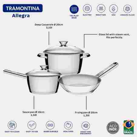 Juego de ollas de Acero Inoxidable Tapa de Vidrio - 3 piezas - Tramontina - Allegra