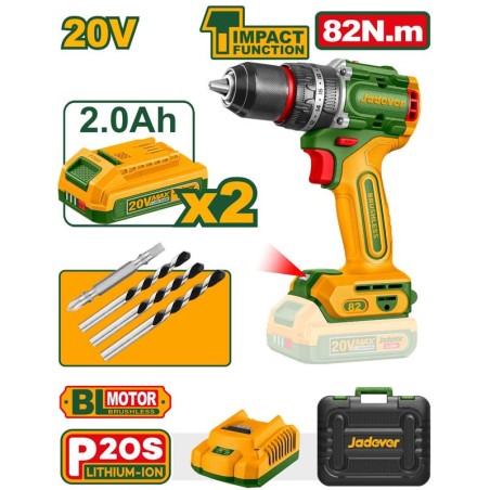 Taladro Percutor a Bateria 13mm - 82Nm - 20V - JADEVER - JDCDP8285 - Incluye 2 Baterias y Cargador