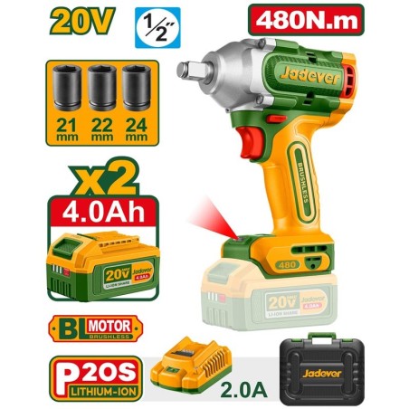 Llave de Impacto a Bateria 480 Nm - 20V - 1/2" - JADEVER - JDCD1B483 - Incluye 2 Baterias y Cargador