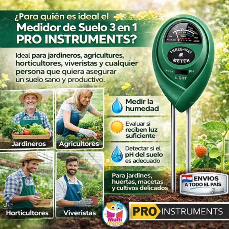 Medidor de suelo 3 en 1 - Pro Instruments - Humedad, Luz y pH del suelo