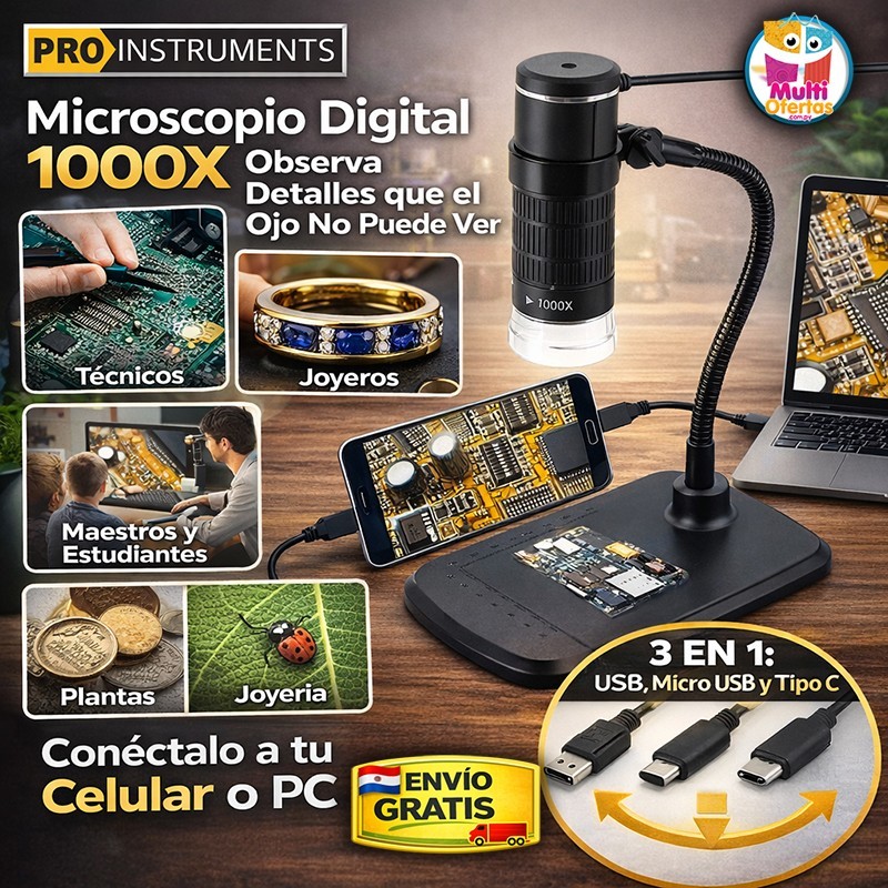 Microscopio Digital - Pro Instruments - Conexión 3 en 1 a Celular y PC