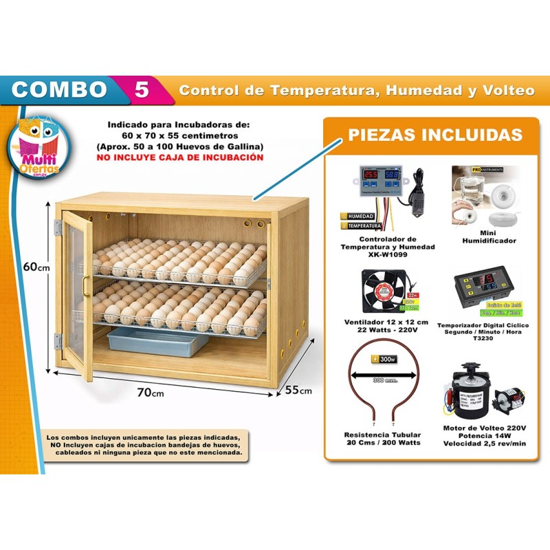 COMBO DE INCUBACION 5 - Control de Temperatura, Humedad y Volteo para Incubadoras de Huevos