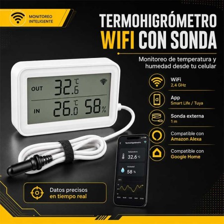 Termohigrometro Digital con conexión Wifi y Sonda - Pro Instruments - Temperatura y humedad interior y exterior
