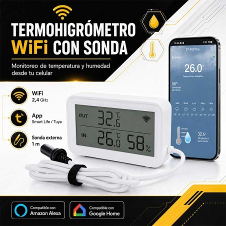 Termohigrometro Digital con conexión Wifi y Sonda - Pro Instruments - Temperatura y humedad interior y exterior