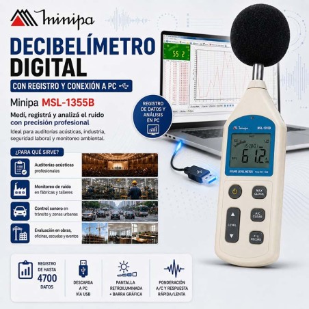 Decibelimetro Digital con Registro y Conexión a PC - Minipa - MSL-1355B
