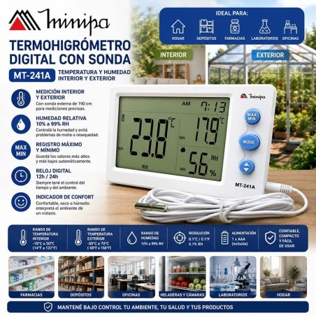 Termohigrometro Digital con sonda - Minipa - MT-241A - Temperatura y humedad interior y exterior