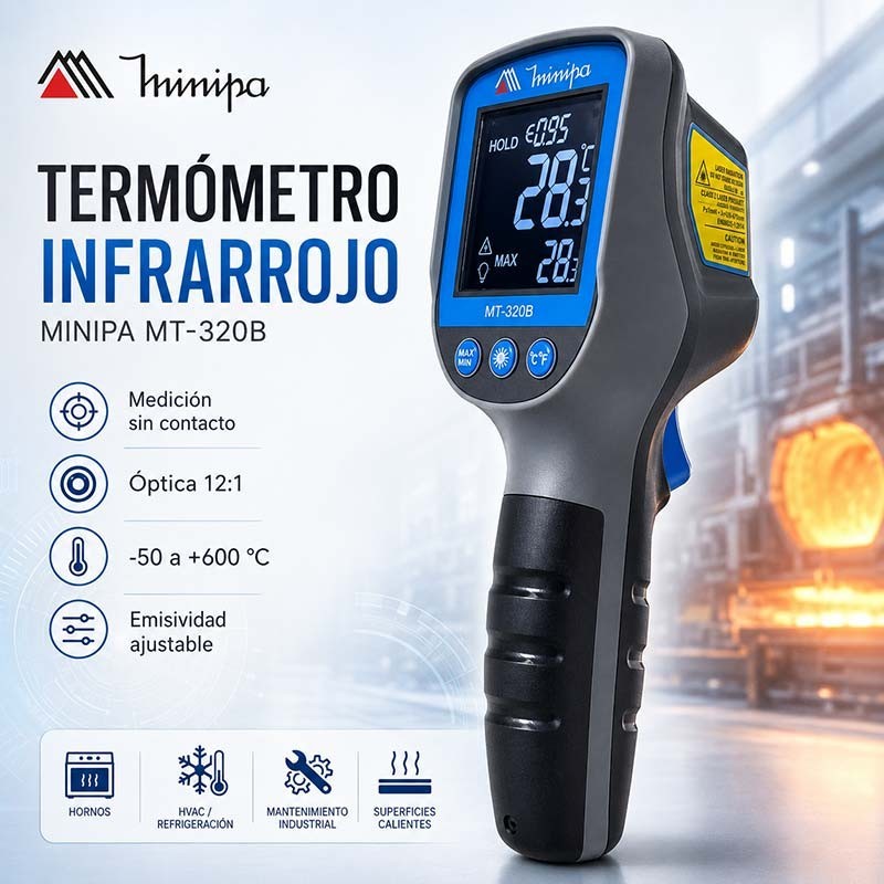 Termometro Industrial Infrarrojo - Minipa - MT-320B - Escala -50 a +600°C / 12:1 / Emisividad Ajustable