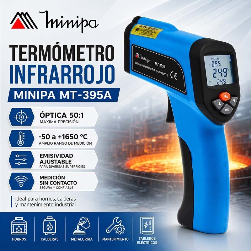 Termómetro Infrarrojo Industrial - Minipa - MT-395A - Escala -50 a +1.650°C / 50:1 / Emisividad Ajustable