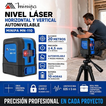 Nivel Laser Horizontal y Vertical Autonivelable - 20 Mts - Minipa - MN-110