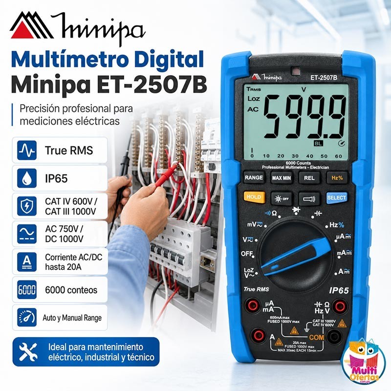 Multimetro Digital - Minipa - ET-2507B - True RMS AC / VDC 1000V / VAC 750V / ADC 20A / AAC 20A
