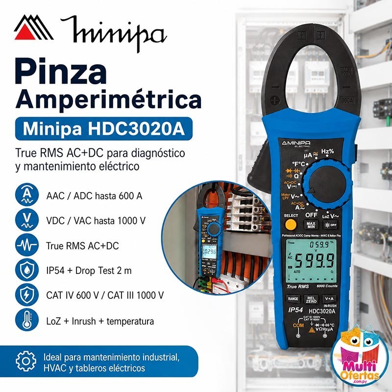 Pinza Amperimetrica - Minipa - HDC3020A - True RMS AC+DC / VDC 1000V / VAC 1000V / ADC 600A / AAC 600A
