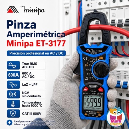 Pinza Amperimetrica - Minipa - ET-3177 - True RMS AC / VDC 600V / VAC 600V / ADC 600A / AAC 600A