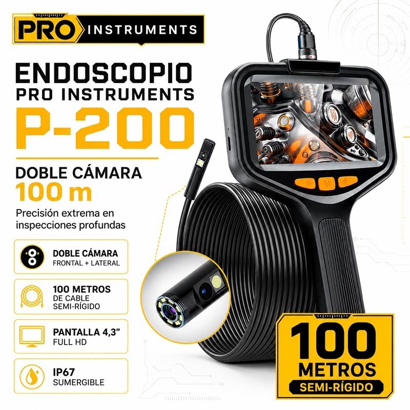 Endoscopio Boroscopio de Inspeccion de Doble Camara de 100 Mtrs Semi Rigido - Pro Instruments - P200 - IP67 Impermeable
