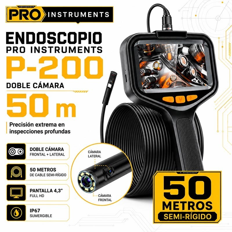 Endoscopio Boroscopio de Inspeccion de Doble Camara de 50 Mtrs Semi Rigido - Pro Instruments - P200 - IP67 Impermeable