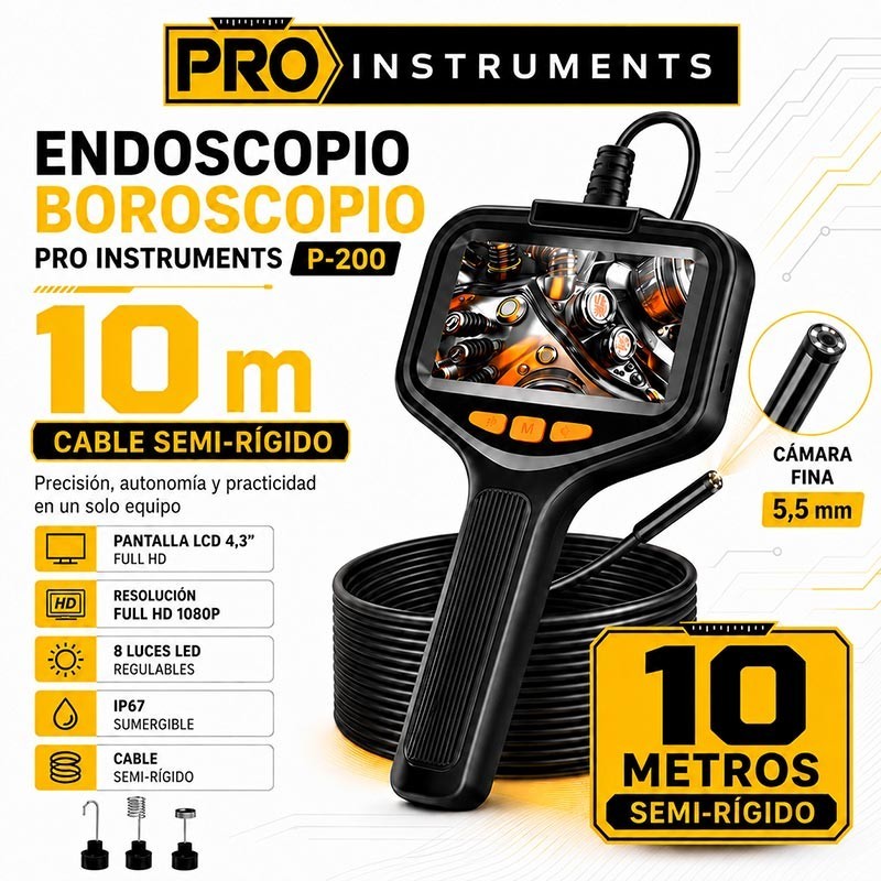 Endoscopio Boroscopio de Inspeccion de 10 Mtrs Semi Rigido - Pro Instruments - P200 - IP67 Impermeable