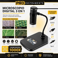Microscopio Digital - Pro Instruments - Conexión 3 en 1 a Celular y PC