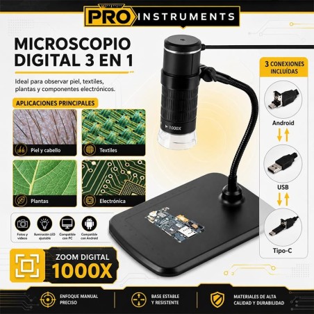 Microscopio Digital - Pro Instruments - Conexión 3 en 1 a Celular y PC