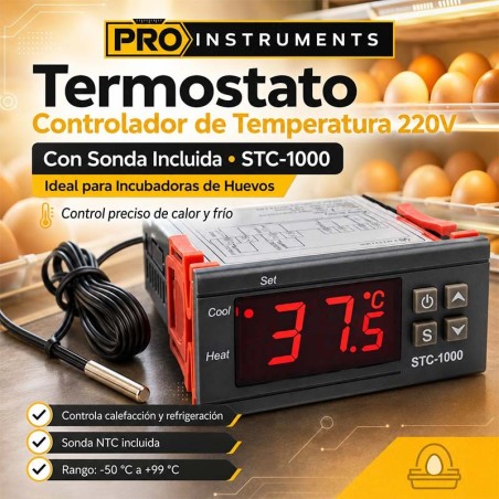 Termostato Controlador de Temperatura 220V con Sonda Incluida - Pro Instruments - STC-1000