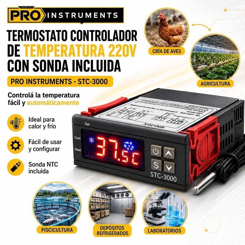 Termostato Controlador de Temperatura 220V con Sonda Incluida - Pro Instruments - STC-3000
