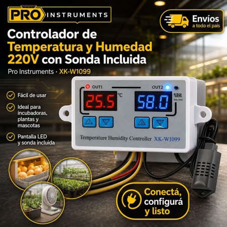 Termostato Controlador de Temperatura y Humedad 220V con Sonda Incluida - Pro Instruments - XK-W1099
