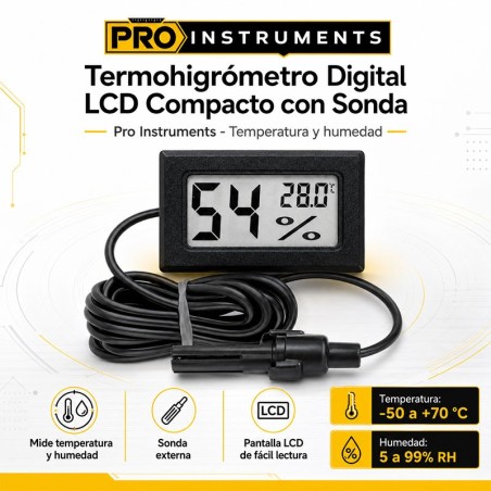 Termohigrometro Digital LCD Compacto con Sonda - Pro Instruments - TPM-30 - Temperatura y humedad