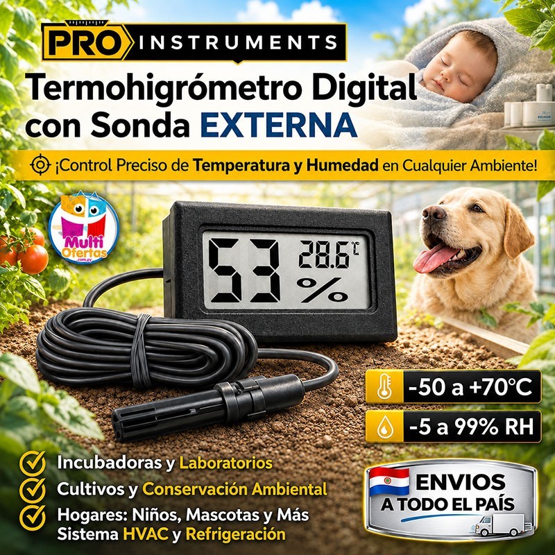 Termohigrometro Digital LCD Compacto con Sonda - Pro Instruments - TPM-30 - Temperatura y humedad