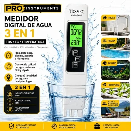 Medidor Digital de Agua 3 en 1 - TDS / EC / Temperatura - Pro Instruments - Conductividad / Solidos Disueltos / Temperatura