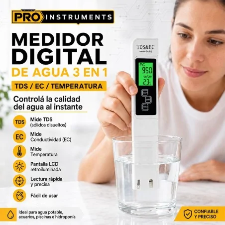 Medidor Digital de Agua 3 en 1 - TDS / EC / Temperatura - Pro Instruments - Conductividad / Solidos Disueltos / Temperatura