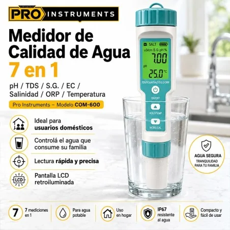 Phmetro Medidor de Calidad de Agua 7 en 1 - pH / TDS / S.G. / EC / Salinidad / ORP / Temperatura - Pro Instruments
