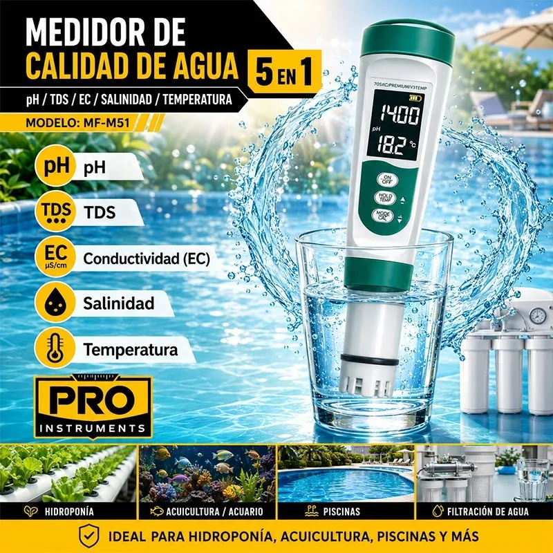 Phmetro Medidor de Calidad de Agua 5 en 1 - pH / TDS / EC / Salinidad / Temperatura - Pro Instruments