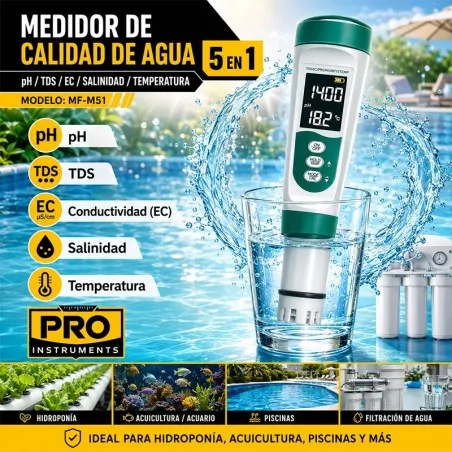 Phmetro Medidor de Calidad de Agua 5 en 1 - pH / TDS / EC / Salinidad / Temperatura - Pro Instruments
