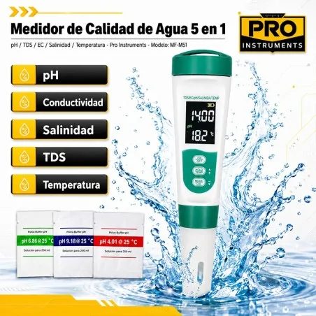 Phmetro Medidor de Calidad de Agua 5 en 1 - pH / TDS / EC / Salinidad / Temperatura - Pro Instruments