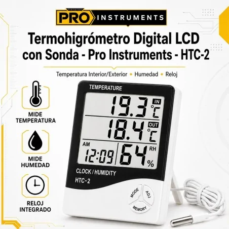 Termohigrometro Digital LCD con Sonda - Pro Instruments - HTC-2 - Temperatura y humedad interior y exterior